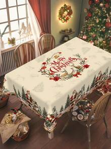 1pc Christmas Tablecloth, Vintage Santa Claus Snowman Christmas Tree Reindeer Pattern, 100% Polyester, Round/Rectangular, Holiday Kitchen Dining Table Decor, Christmas Party Decoration, Home Decor - Multicolor - View 4