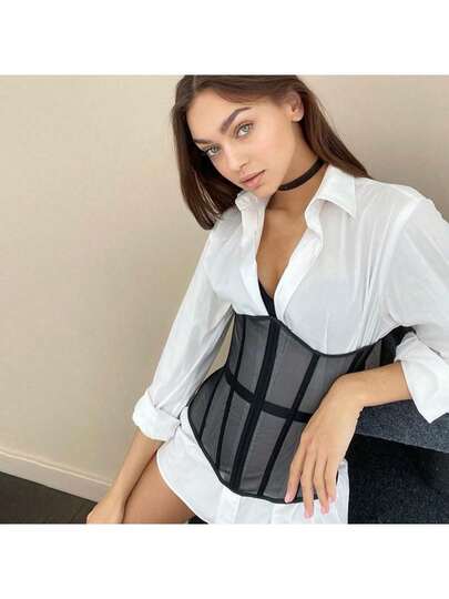 1pc Women's Mesh Shaping Corset Top, Casual Slim Fit Waist Trainer For Daily Wear Halloween Costume