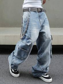 Men's Baggy Denim Cargo Pants Loose Fit Streetwear Wide Leg Workwear Style With Large Side Pockets - 淺色水洗藍 - 查看 7
