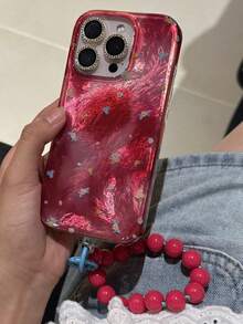 Retro Stylish Flower Smudge Phone Cases Hand Bead Chain Compatible With IPhone 16 15 13 Pro Max 14 12 11 Plus Cute Girl Shockproof Cover - Hot Pink - View 3