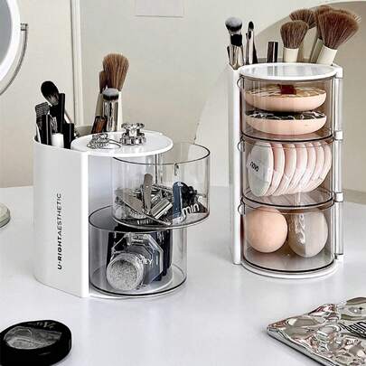 1 pieza Caja de almacenamiento giratoria para esponjas de maquillaje, organizador de tocador de varias capas para lápices labiales, brochas de maquillaje, borlas cosméticas, soporte antpolvo para mezclador de maquillaje de sobremesa