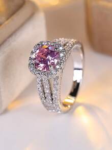 Vanel 1 chiếc nhẫn tròn màu hồng đính đá Cubic Zirconia 4 chấu thanh lịch, thích hợp cho trang phục hàng ngày của phụ nữ, tiệc tùng và hẹn hò, quà tặng hoàn hảo cho ngày hẹn hò - Bạc-Hồng - Xem 2