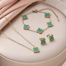 4 件不锈钢简约四叶草手链，女士项链，高端钛钢防过敏不褪色珠宝