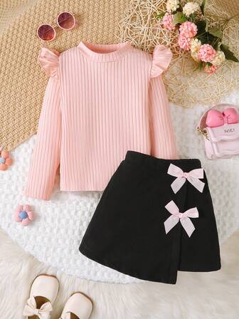 2pcs/Set Girls Fashion Outfit, Long Sleeve Ribbed Top With Bow Decor & Casual Skirt, Suitable For 4-7 Years Old Girls, Outdoor, School, Street, Daily Wear