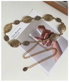 Women Belts Western-Concho-Belt-Women Cowgirl-Metal-Belts Boho Silver Vintage Turquoise Chain Belt For Dress Jeans - 古銅色 - 查看 4