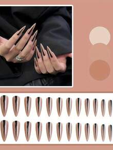 Monina 24 件哥特式裸色和黑色长尖头指甲，双色美甲，时尚百搭，前卫别致，适合日常通勤按压指甲美甲用品 - 珊瑚粉 - 查看 3