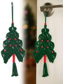 1pc Christmas Green Macrame Tree Decoration, Handwoven Christmas Ornament With Red Beads And Tassels, Christmas Tree Holiday Doorknob Hanger, Holiday Home Decor, Christmas Party Decoration, Mantel Decoration Christmas Decorations Room Decor Winter