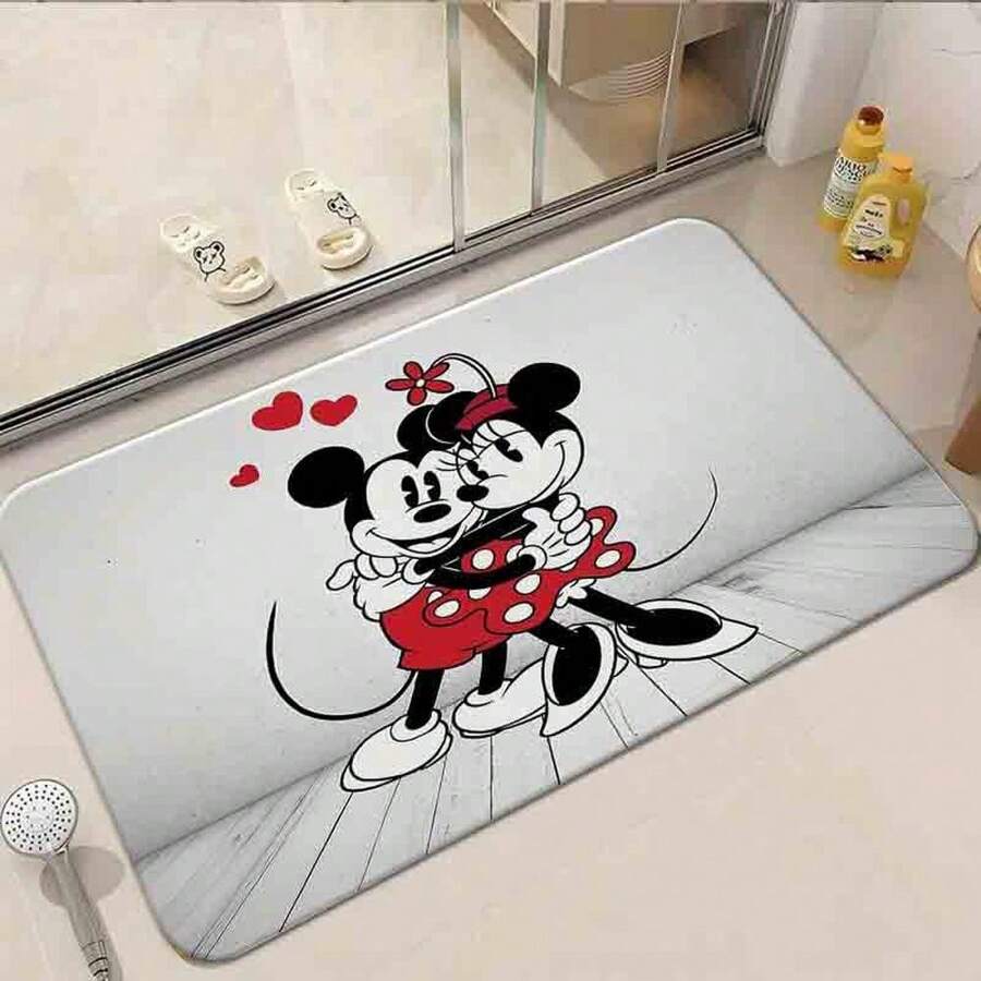 1pc Piece Printed Entrance Doormat,Cute Hugging Mickey And Minnie Mouse With Red Hearts Wall Sticker - Romantic Cartoon Couple Decal For Bedroom, Living Room, Valentine's Day, Anniversary, Wedding