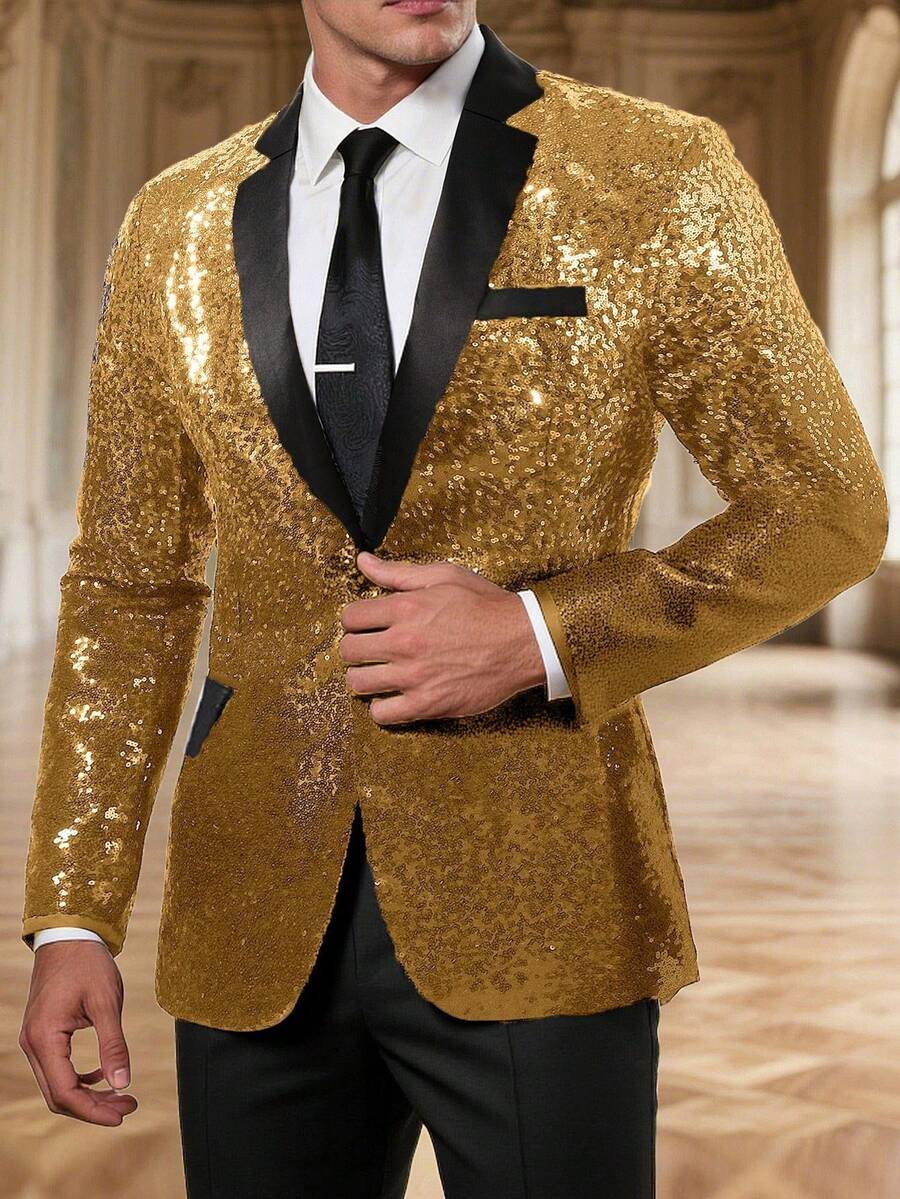 男士亮片西装外套、夜总会酒吧舞厅正装、舞台表演西装外套 - 金色 - 查看 1