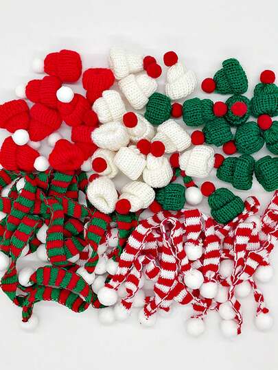 10 件迷你针织圣诞帽和围巾套装，红色和绿色针织圣诞老人帽和围巾饰品，适用于 DIY 工艺品、圣诞树和家居装饰