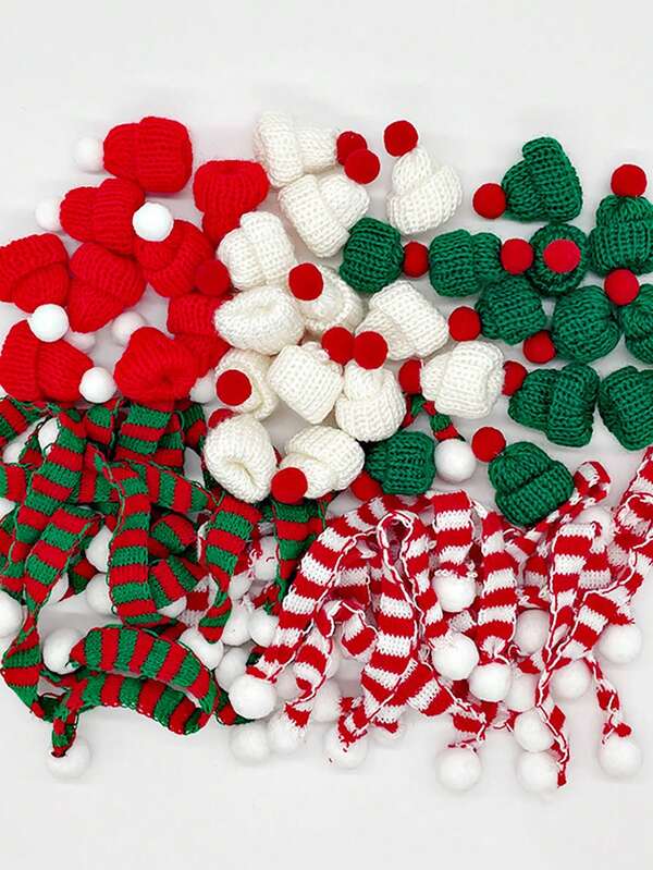 10 件迷你针织圣诞帽和围巾套装，红色和绿色针织圣诞老人帽和围巾饰品，适用于 DIY 工艺品、圣诞树和家居装饰