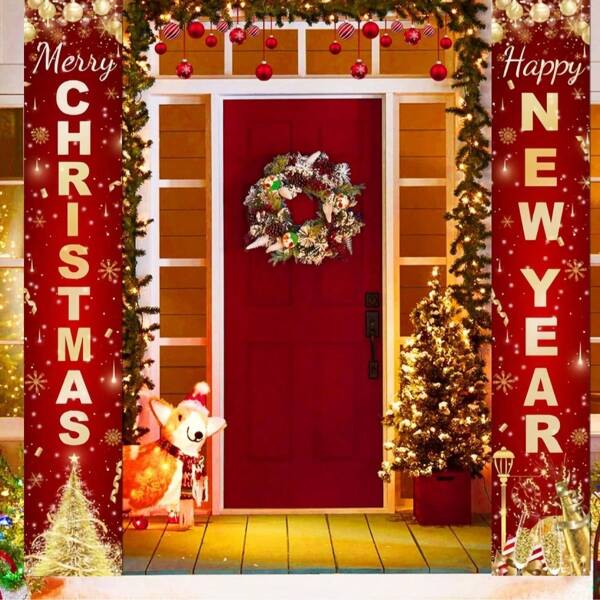 1 Pair Holiday Polyester Hanging Banner - Merry Christmas & Happy New Year, Red & Gold Christmas Tree And Champagne Design, No Power Needed, Front Door And Party Decor