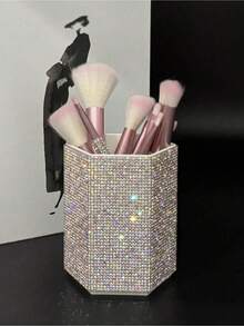 1pc-Encrusted Hexagon Makeup Brush Holder, Large Capacity, Colorful-Studded Luxurious Shiny Surface, Hexagonal Cylinder Shape, Tidy Edges, Vanity Accessory Bedroom Dresser, Makeup Room Desk - 彩色 - 查看 1