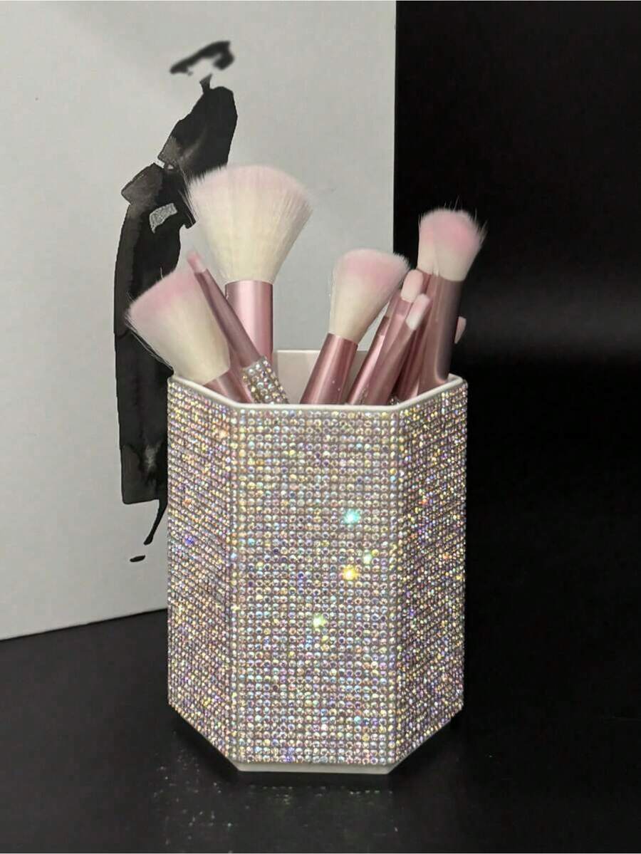 1pc-Encrusted Hexagon Makeup Brush Holder, Large Capacity, Colorful-Studded Luxurious Shiny Surface, Hexagonal Cylinder Shape, Tidy Edges, Vanity Accessory Bedroom Dresser, Makeup Room Desk - 彩色 - 查看 1
