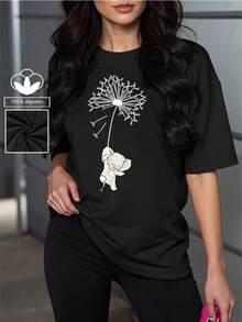 Camiseta casual negra para mujer, 100% algodón, con estampado de elefante de dibujos animados, camiseta casual y cómoda de manga corta con cuello redondo, ropa de primavera y verano, adecuada para cualquier ocasión, color sólido, casual, uso diario. - Negro - Ver 1