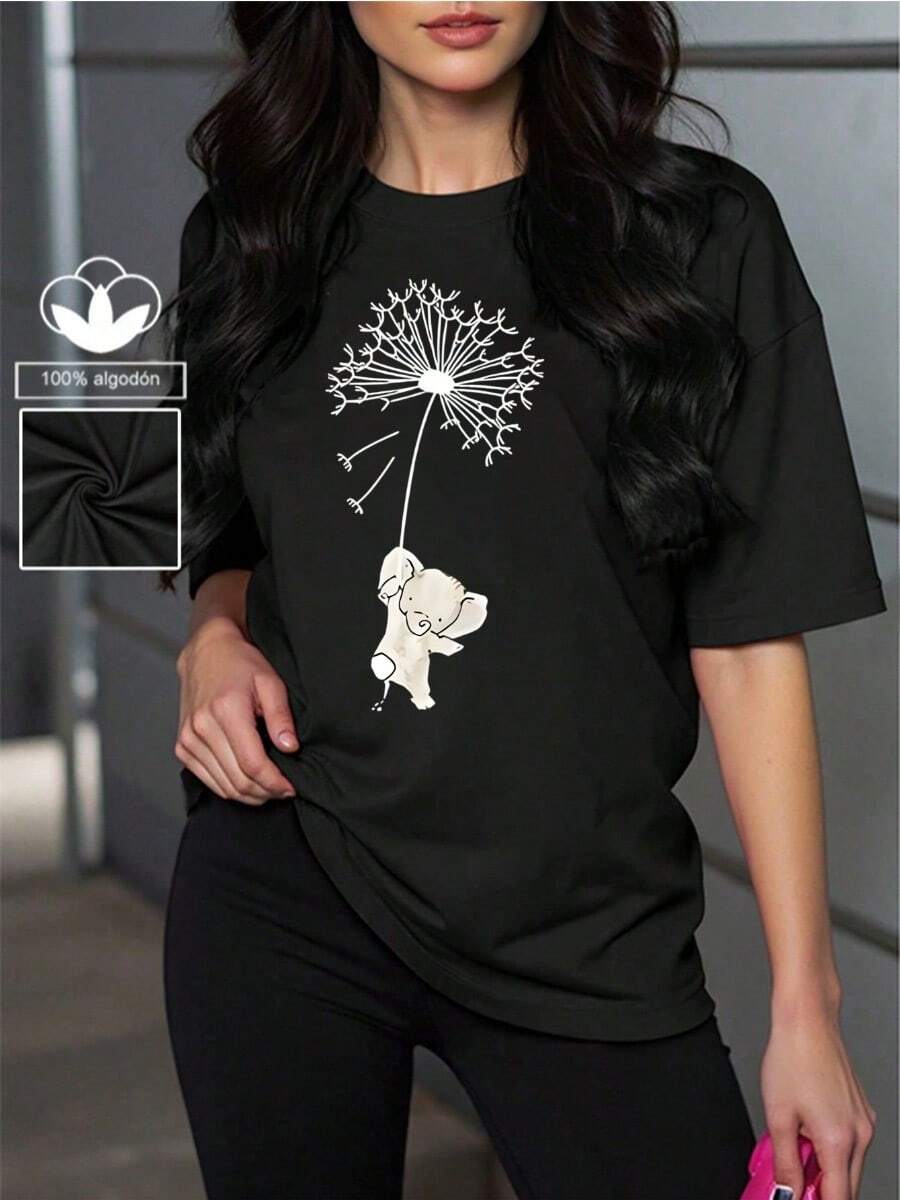 Camiseta casual negra para mujer, 100% algodón, con estampado de elefante de dibujos animados, camiseta casual y cómoda de manga corta con cuello redondo, ropa de primavera y verano, adecuada para cualquier ocasión, color sólido, casual, uso diario. - Negro - Ver 1