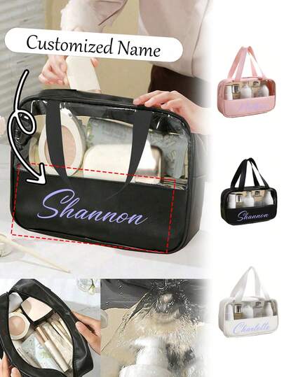 1pc Customizable Transparent Cosmetic Bag/Toilet Bag, Ins Style Portable Waterproof Travel Toiletry Bag, Frosted Cosmetic Bath Storage Bag, Shampoo And Lotion Storage Bottle, Storage Bottle, Transparent Travel Cosmetic Bag