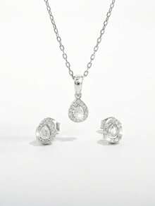 Vaerine 1 套优雅时尚精致闪亮 925 银锆石水滴设计耳环项链首饰套装，适合女性约会、宴会、婚礼，提升优雅气质，母亲节礼物 - 水滴 - 查看 1