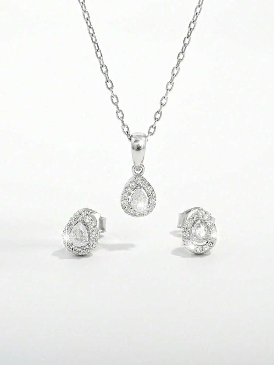 Vaerine 1 套优雅时尚精致闪亮 925 银锆石水滴设计耳环项链首饰套装，适合女性约会、宴会、婚礼，提升优雅气质，母亲节礼物 - 水滴 - 查看 1