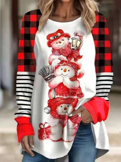 Camiseta feminina plus size casual de manga comprida com estampa xadrez de boneco de neve natalino, primavera/outono