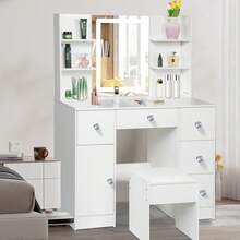 Tocador blanco de 6 cajones con espejo LED y taburete para dormitorio - Perfect For Organizing Makeup, Skincare, Elegant Vanity|Decorative Vanity, Vanity Furniture, Compact For Small Space, Bedroom Decor Gift, Perfect Gift For Women Girls , Ideal para regalos de Navidad y Halloween. - Blanco - Ver 2