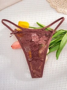 6条装女士纯色蕾丝蝴蝶结舒适丁字裤 - 彩色 - 查看 9