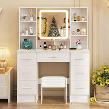 Tocador con espejo LED inteligente, 7 cajones, tocador, maquillaje y taburete - Perfect For Organizing Makeup, Skincare, Elegant Vanity|Decorative Vanity, Vanity Furniture, Compact For Small Space, Bedroom Decor Gift, Perfect Gift For Women Girls , Ideal para regalos de Navidad y Halloween. - Blanco - Ver 3