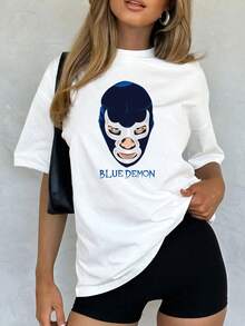 Women's Blue Demon Lucha Libre Tee | Iconic Wrestler Graphic | 100% Pure Cotton | Soft & Comfortable | Perfect for Casual Wear & Gift Giving | White Crew Neck T-Shirt | Made & Shipped in Mexico | Unisex Design - Blanco - Ver 2
