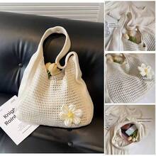 Khaki Upgraded Version Hand - Crocheted Hollow - Out Bag, Floral - Decorated Literary - Style Single - Shoulder Bag00 - 杏色 - 查看 5