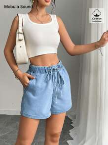 Mobula Sound# Sexy Music Festival Versatile Casual Vacation Elegant Fashion Style Women's Elastic Waist Loose Blue Denim Shorts, Spring/Summer - Blue - View 5