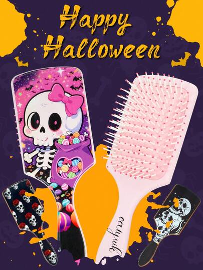 1pc Hair Brush ,Black Spider Pumpkin Halloween Ghost Skeleton Skull Hair Brush, Square Paddle Brush For All Hair Types,Halloween Gifts, Paddle Hair Brush For Men And Women, Ultra-Soft Bristles, Detangling Bristles Glide Through Tangles