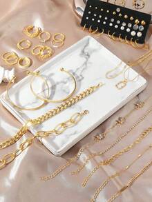 FAXHION 77pcs/35pcs Middle Eastern Style Elegant Vintage Butterfly, Heart, Faux Pearls, Twist, Rhinestone, Snake Chain, Braided Chain, Geometric C-Shaped Earrings, Necklace, Ring, Bracelet Jewelry Set For Holiday, Party, Gift - 金黃色-35件 - 查看 8