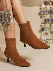 Women's Pointed Toe High Heel Ankle Boots, New Small Kitten Heel Faux Suede Boots For Winter - Brown - View 1