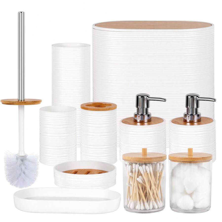 Bathroom Accessories Set, 10PCS Bathroom Accessory Set, Toilet Brush, Trash Can, Qtip Holder Dispenser & Soap Dispenser, For Bathroom, White - White - View 1