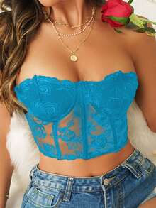1 pezzo Corpetto imbottito in pizzo e rete ricamato, trasparente e aderente - Blu - Visualizzare 5