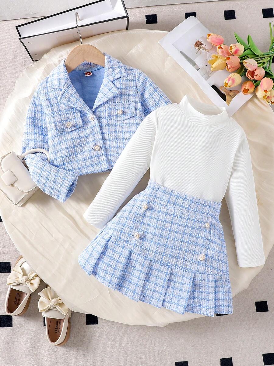 3pcs Girls Elegant School Style Patterned Long Sleeve Jacket, Long Sleeve Top, Pleated Skirt Set, Spring/Autumn - Baby Blue - View 1