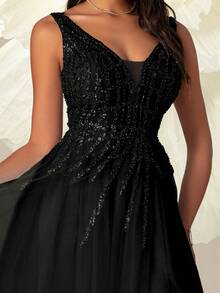 VIPGIRL Đầm dạ hội maxi đen cổ chữ V xẻ cao đính sequin xuyên thấu, đầm dự tiệc sang trọng thanh lịch dành cho nữ, đầm dự tiệc, đầm dài nữ, đầm maxi, đầm dạ hội, đầm dự đám cưới, đầm trang trọng mùa xuân - màu đen - Xem 11