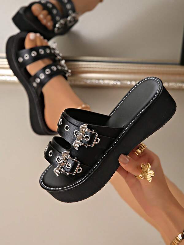 New Summer Plus Size Gothic Style Bat & Spider Rivet Decor Platform Sandals, Punk Millennium , Casual Outdoor Wear