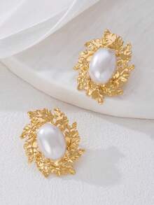 1 对时尚复古金金属叶仿珍珠耳钉，适合日常、宴会和派对佩戴 - 金黃色 - 查看 3