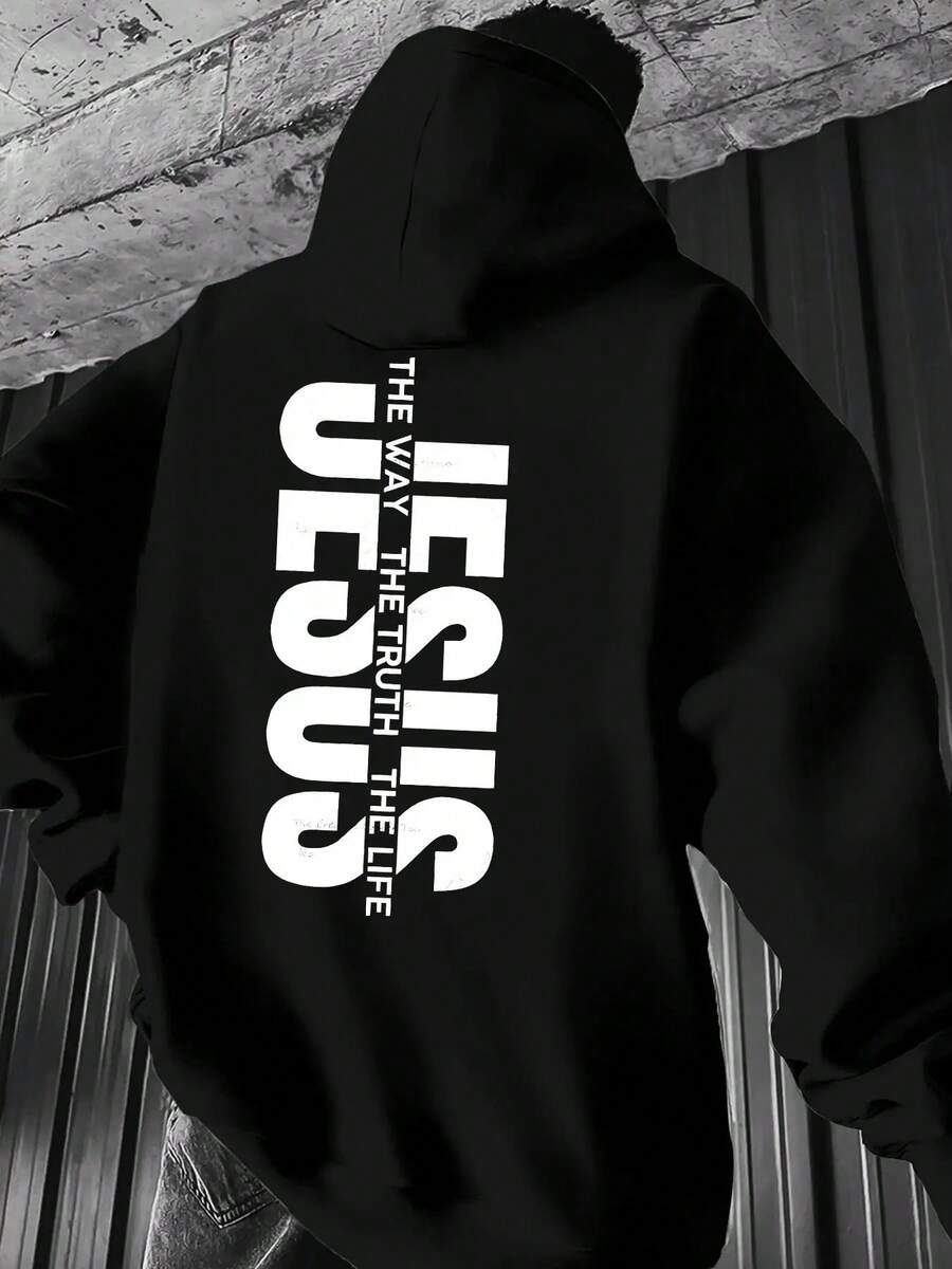 Sudadera Casual para Hombre con Estampado Gráfico de Texto Estilizado RKR7 - Negro - Ver 1