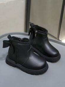 1 Pair White Soft & Comfortable PU Leather Toddler Girls' Short Boots, Warm Lining, Zipper, Bow Decor, Round Toe, Rubber Sole, Classic British Style, Suitable For Indoor/Outdoor, Autumn/Winter