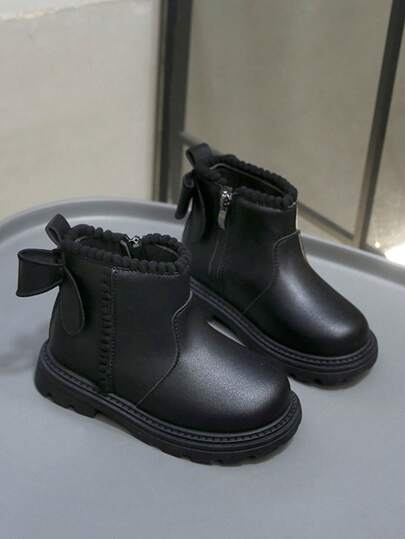 1 Pair White Soft & Comfortable PU Leather Toddler Girls' Short Boots, Warm Lining, Zipper, Bow Decor, Round Toe, Rubber Sole, Classic British Style, Suitable For Indoor/Outdoor, Autumn/Winter