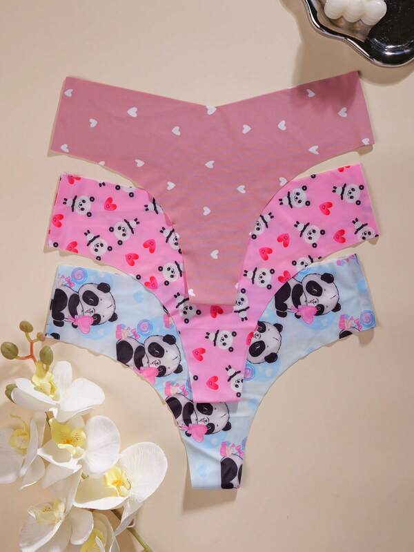 3pcs/Pack Cute Panda & Heart Print Sexy Breathable Seamless Low Waist Panties For Women