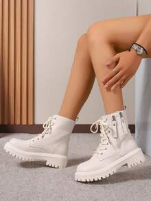 2026 Autumn/Winter New Women Shoes, Warm Winter Boots, Fashion Versatile Casual Women Shoes, Leather Ankle Boots, Black & White Short Boots With Lace-Up & Side Zipper, Flat Women Boots, Women Ankle Boots & Short Boots, Fashionable Women Boots