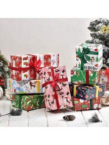 8张圣诞印花包装纸，50*70厘米，铜版纸，适合礼品包装，朋友礼物，节日包装，耐用纸质材料，圣诞树和驯鹿设计 - 彩色 - 查看 3