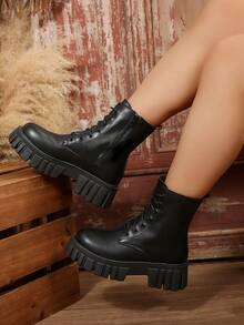 Women's Side Zipper Lace-Up Combat Boots, Punk Black Fashion Boots For Autumn/Winter