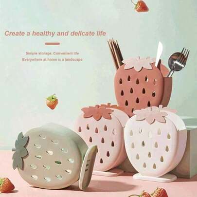 1pc Strawberry Shaped Utensil Holder - Cute Pink Kitchen Organizer, With Large Holes Design, Portable Plastic Material, Lightweight And Easy To Use, Suitable For Storing Spoons, Knives, Chopsticks, Can Be Used On Countertop Or Wall, Also Can Be Used As Bathroom Or Stationery Organizer