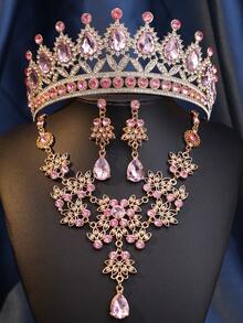 Bộ 4 món vương miện cô dâu thời trang, vòng cổ và bông tai bằng hợp kim kẽm đính đá lấp lánh - Bộ phụ kiện cưới thanh lịch cho cô dâu - Phụ kiện ngày Valentine - Hồng - Xem 20