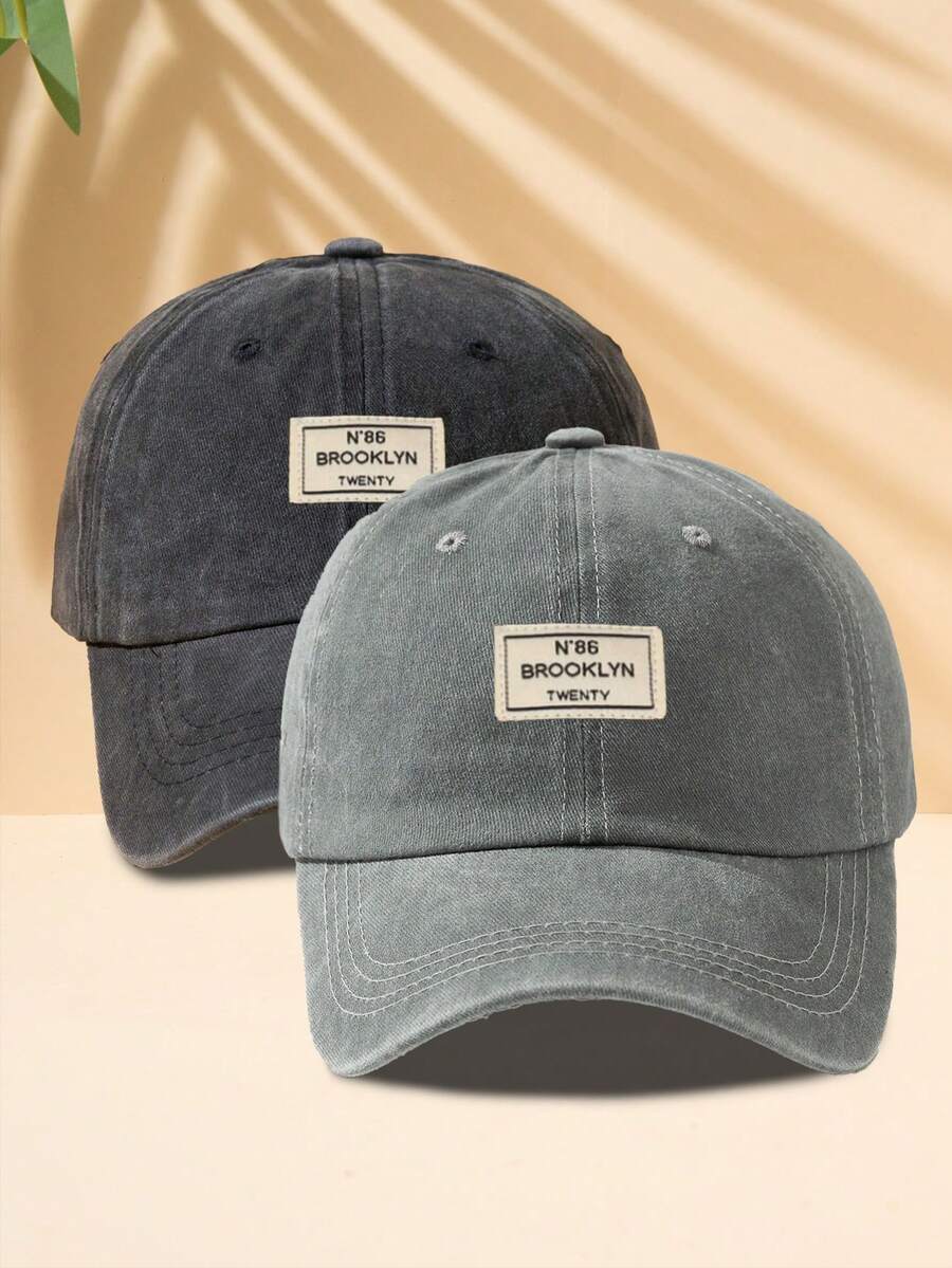 1 件男女通用浅灰色织物标签可调节水洗棒球帽，户外时尚 - 黑色+灰色 - 查看 1