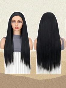 Black Straight Hair Hoop Wig, Women's Long Soft Heat-Resistant Synthetic Fiber Hoop Wig, Suitable For Daily Wear And Parties - Black - View 3